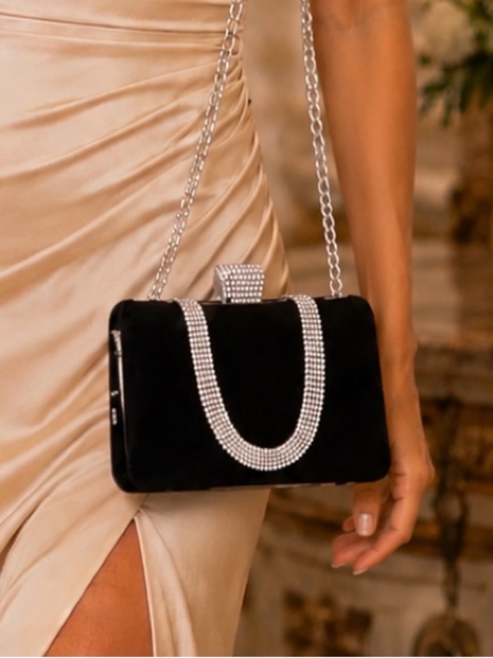 Elegant Black Rhinestone Evening Clutch | Silver Chain | Formal Party Purse